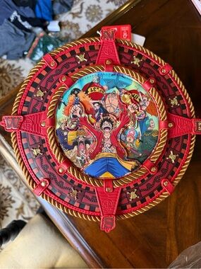 Onepiece Round Map-Print Crossbody Bag in Red and Gold Trim